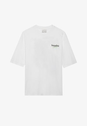 Valkoinen lyhythihainen T-paita, rento malli, jossa on painettu vihreä ja musta logo rinnassa. Sileää puuvillakangasta, pyöreä kaula-aukko.