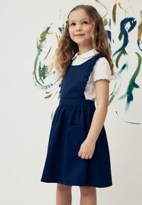 Tumehall el dress frill detailide ja sobiva rinnaga, laieneva seelikuga. All on valge kaelusega särk ja ees tasku.