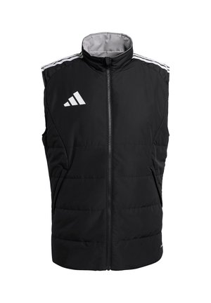 Schwarze ärmellose, gepolsterte Weste mit weißem Adidas-Logo auf der Brust, Reißverschluss und drei weißen Streifen an jeder Schulter, vor einfachem Hintergrund.