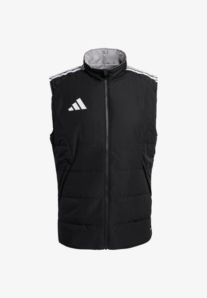 Black sleeveless padded vest with white Adidas logo on chest, zip closure, and three white stripes on each shoulder, shown on plain background.