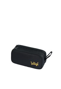 Black pencil case with dual zip closure, rectangular shape, made of durable fabric, featuring a gold embroidered logo on the front.