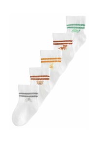 Confezione di cinque calzini bianchi alla caviglia con strisce colorate a contrasto e motivi di animali: elefante grigio, orso marrone, leone arancione, anatra gialla, tartaruga verde.