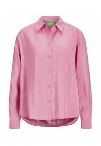 Camicia rosa con bottoni, realizzata in tessuto liscio, con tasca, maniche lunghe, colletto classico e orlo leggermente curvo.