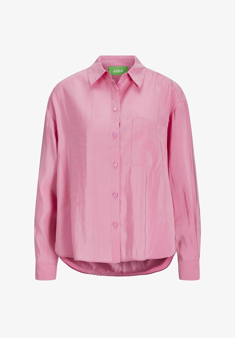 Camicia rosa con bottoni, realizzata in tessuto liscio, con tasca, maniche lunghe, colletto classico e orlo leggermente curvo.