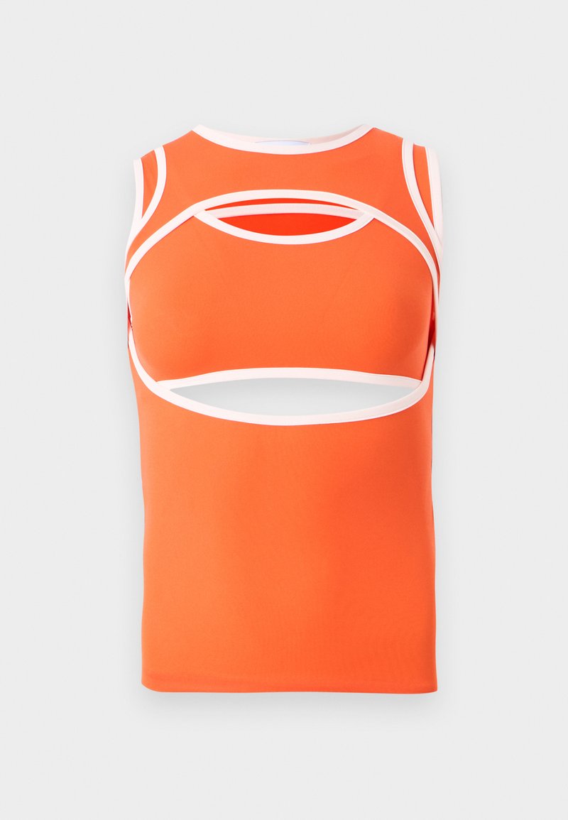 Orange sleeveless top with white accents, featuring cut-out details and a fitted design. Made of smooth, stretchy material.