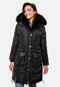 Black puffer coat with a faux fur-lined hood, snap buttons, and two front pockets. Features a quilted design and a mid-length cut.