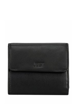 Portefeuille en cuir noir avec un rabat pliant et un logo discret en relief centré à l'avant.