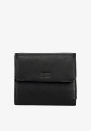 Zwarte leren portemonnee met een opvouwbare flap en een subtiel aangebracht logo in het midden aan de voorkant.
