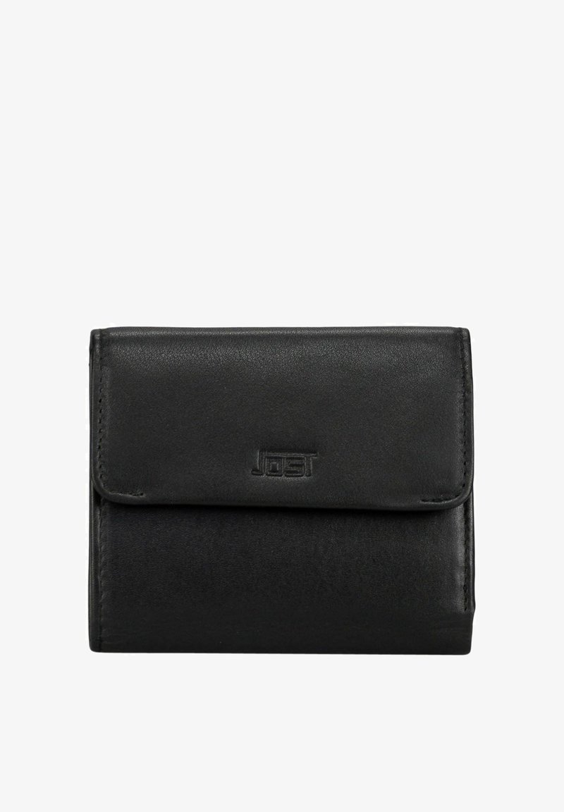 Portefeuille en cuir noir avec un rabat pliant et un logo discret en relief centré à l'avant.