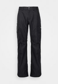 Cargo pants van zwart stof met een rechte snit, voorzien van twee zijzakken en ritsen bij de enkels. Duurzame textuur, knoop- en ritsluiting.