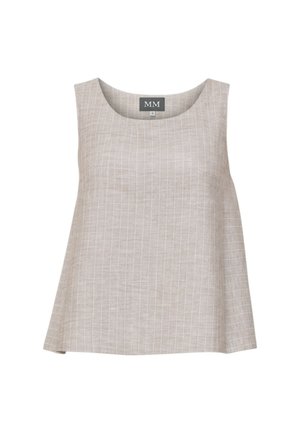 Top beige senza maniche da donna con sottili righe verticali bianche, scollo rotondo e vestibilità ampia a linea A.