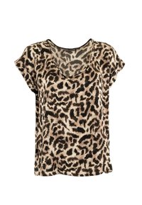 Camiseta de manga corta con estampado de leopardo en beige y negro, con cuello redondo y textura suave. Diseño fluido con un ajuste ligeramente holgado.