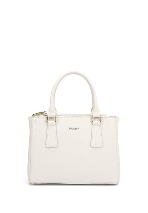 Borsa sintetica bianca con hardware dorato, doppio manico superiore, chiusura a zip e superficie leggermente testurizzata. Presenta il logo del marchio sul fronte.