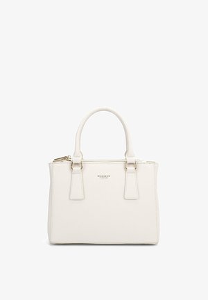 Borsa sintetica bianca con hardware dorato, doppio manico superiore, chiusura a zip e superficie leggermente testurizzata. Presenta il logo del marchio sul fronte.