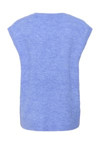 Pull en tricot bleu clair avec des manches courtes, un col rond et une texture douce. Il présente un ourlet côtelé en bas.