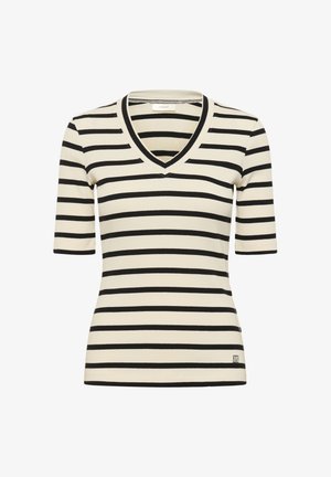 Zgornji del z V-izrezom in kratkimi rokavi, ki ima izmenične črne in smetane vodoravne črte ter rebrasto teksturo. Diskreten detajl logotipa na robu.