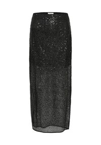 Schwarzer Pailletten-Maxi-Rock mit gerader Silhouette, der ein durchsichtiges Design und eine glatte Textur aufweist, geeignet für Abendgarderobe.