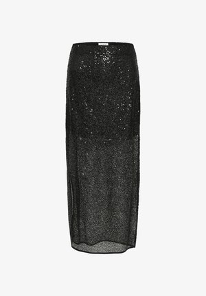 Čierna maxi sukňa s čírym dizajnom a hladkou textúrou, so strihaním v priamom siluete, vhodná na večerné nosenie.