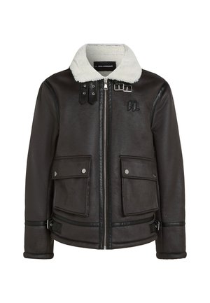 Brown faux leather jacket with a white fur collar, black accents, zip closure, and two front pockets. Features a discreet logo detail.
