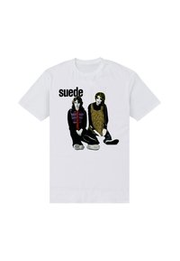 Hvid bomulds t-shirt med grafisk design af to siddende figurer, sorte detaljer og ordet "suede" trykt ovenfor i fed skrift.