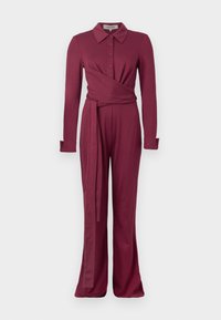 Burgundijska kombinezonska obleka z dolgimi rokavi, ovratnikom, gumbastim zapiranjem, ovitkom in širokimi hlačami. Mehka, strukturirana tkanina.