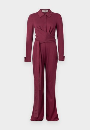 Burgundy long-sleeve jumpsuit with a collared neckline, button closure, wrap design, and wide legs. Soft, textured material.
