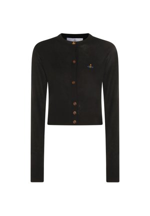 Cardigan nero corto a maniche lunghe con scollo rotondo, bottoni marroni sul davanti e piccolo logo ricamato colorato sul petto.