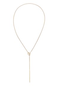 Guldtonet halskæde med en tynd kæde, cirkulært accent og en lodret stanganhæng, med et elegant, minimalistisk design.