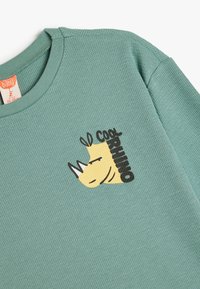 Minttivihreä ribattupintainen huppari, jossa on pyöreä kaula-aukko. Hupparissa on keltainen sarvikuono-kuvio ja musta teksti "Cool Rhino".