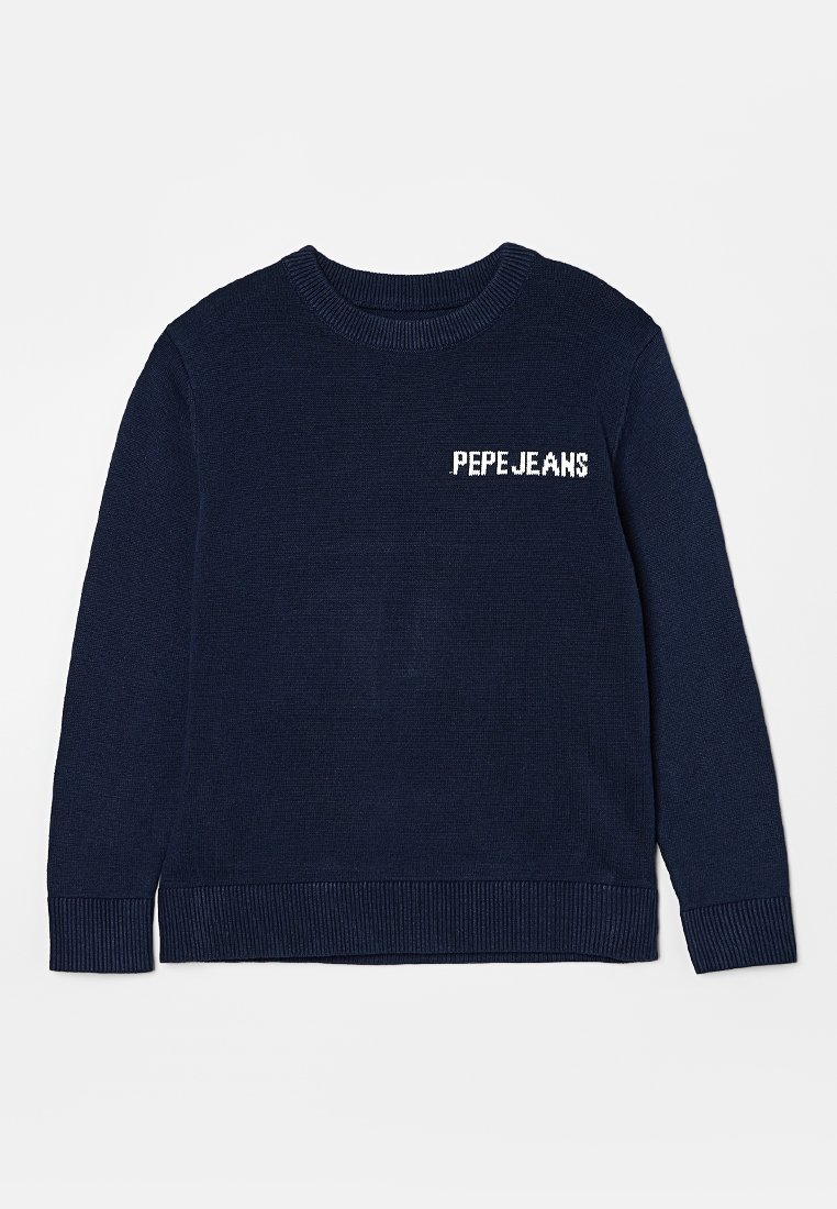 Maglione a coste di colore blu navy con scollo a girocollo e polsini a costine, con il logo bianco "PEPE JEANS" ricamato sul petto.
