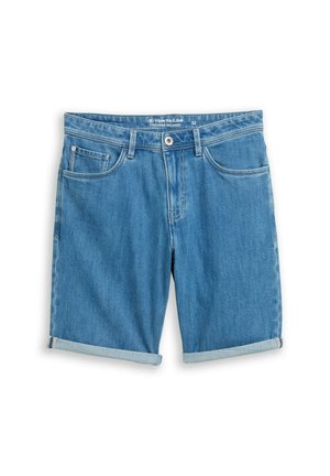 Shorts in denim blu con risvolti, bottone e cerniera frontale, stile a cinque tasche, taglia 32 e vestibilità comoda.