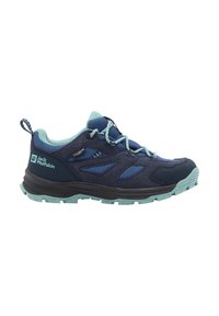 Scarpa da trekking blu navy con dettagli azzurri, tessuto testurizzato e suola in gomma. Dotata di laccio integrato e rinforzo sul tallone.