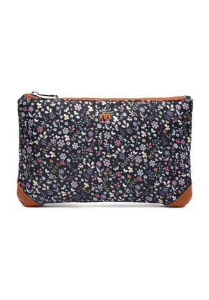 Floral print pouch with a black background, accented with brown leather corners and a bronze zipper. Compact rectangular shape.