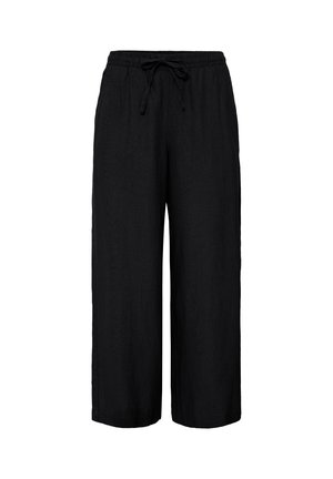 Zwarte wijde broek met elastische tailleband en trekkoord, cropped lengte, gemaakt van lichtgewicht stof.