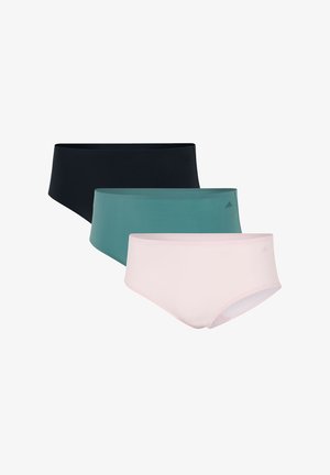 Drei Damen-Slips in Schwarz, Türkis und Hellrosa. Glatter Stoff mit hohem Bund und dezenten Logoakzenten bei jedem.