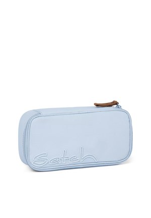 Light blue rectangular pencil case with rounded edges, zipper closure, and "Satch" logo embossed on front.