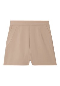 Pantaloni corti beige con una superficie liscia, dotati di tasche laterali e una vita piatta. Realizzati in un tessuto leggero, progettati per il comfort e la praticità.