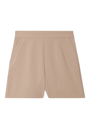 Beige shorts with a smooth texture, featuring side pockets and a flat waistband. Made from lightweight fabric, designed for comfort and ease.