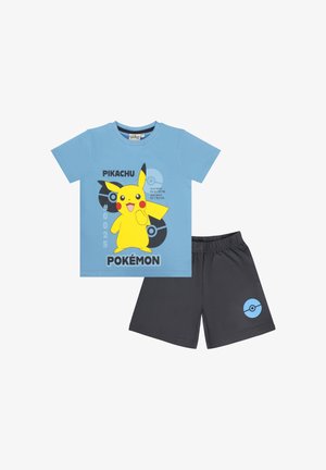 Blue short-sleeve Pikachu Pokémon t-shirt with black shorts featuring a blue Poké Ball graphic on the leg.
