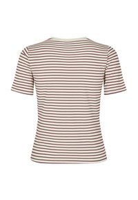 Camiseta de manga corta a rayas en crema y burdeos, con cuello redondo y tela suave y elástica con líneas horizontales.