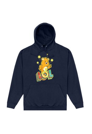 Granatowy hoodie z kreskówkowym niedźwiedziem podnoszącym palec i napisem "LOL" w kolorowej czcionce, teksturowany materiał oraz kieszeń z przodu.