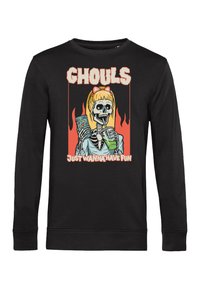 Czarna bluza z grafiką przedstawiającą szkieleta z blond włosami i różową kokardą, trzymającego napoje, otoczonego płomieniami. Napis brzmi "DUSZKI PO PROSTU CHCĄ SIĘ BAWIĆ."