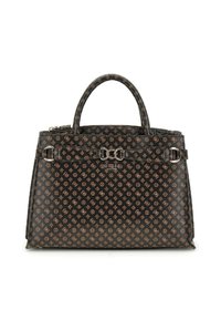 Borsa sintetica nera con motivo monogramma in rilievo marrone. Presenta doppie maniglie arrotondate e una tracolla removibile. Dettagli in metallo color argento.