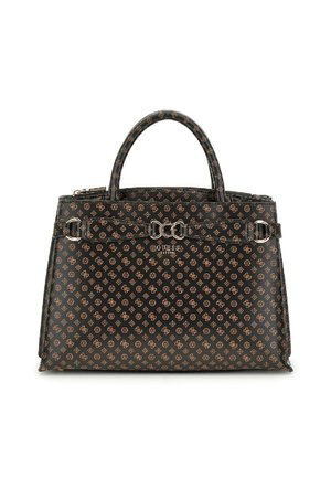Borsa sintetica nera con motivo monogramma in rilievo marrone. Presenta doppie maniglie arrotondate e una tracolla removibile. Dettagli in metallo color argento.
