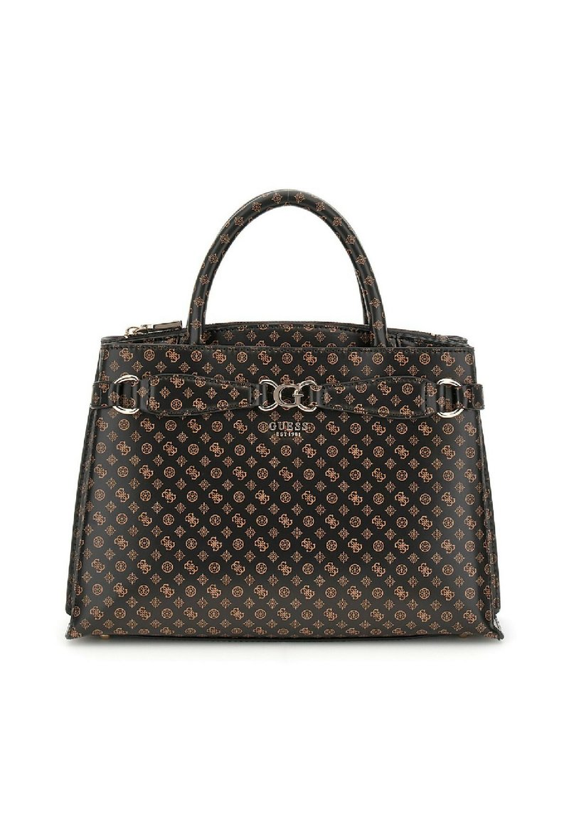 Borsa sintetica nera con motivo monogramma in rilievo marrone. Presenta doppie maniglie arrotondate e una tracolla removibile. Dettagli in metallo color argento.