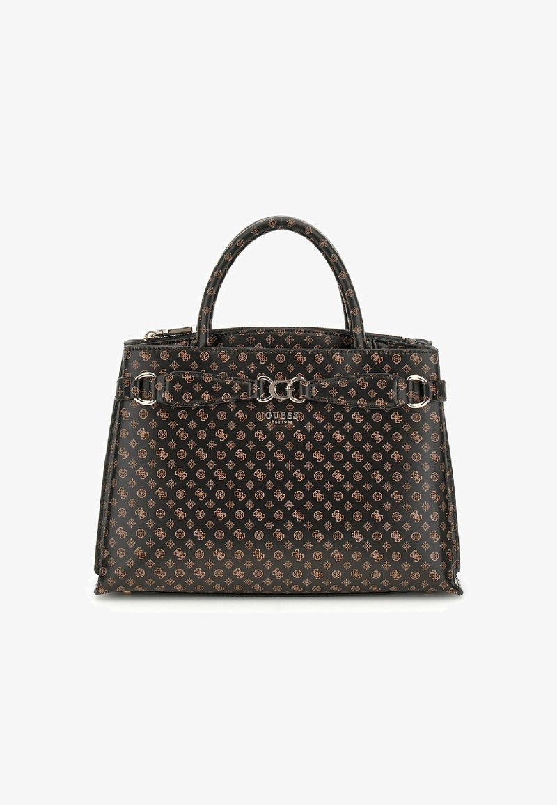 Borsa sintetica nera con motivo monogramma in rilievo marrone. Presenta doppie maniglie arrotondate e una tracolla removibile. Dettagli in metallo color argento.