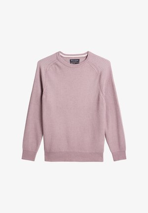 Hellrosa, strukturiertes Strickpullover mit langen Ärmeln und rundem Halsausschnitt. Gerippte Bündchen und Saum. Mit einem Etikett am Halsausschnitt.