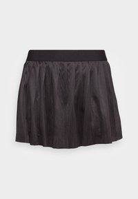 Zwarte geplooide rok met een aansluitende tailleband, gemaakt van een gladde stof, met een uitlopende silhouet en een subtiele glans.