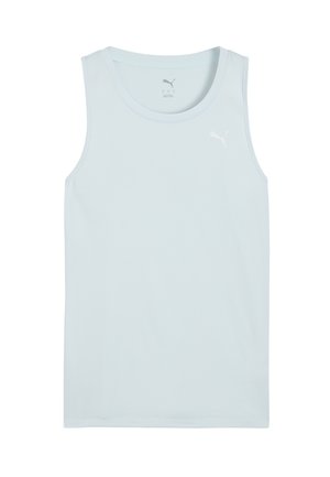 Lichtblauw mouwloos sport tanktop gemaakt van gladde stof, met een minimalistisch ontwerp en een klein wit logo op de borst.