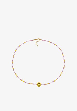 Colier colorat din mărgele, având mărgele roz, mov și galbene, cu un charm central în formă de față zâmbitoare galbenă, asigurat cu un închizător de ton auriu.